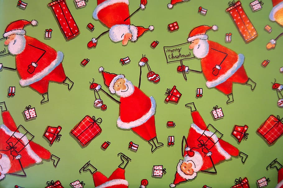 illustration, santa claus, wrapping paper, santa clauses, funny, green, red, gift, made, packed