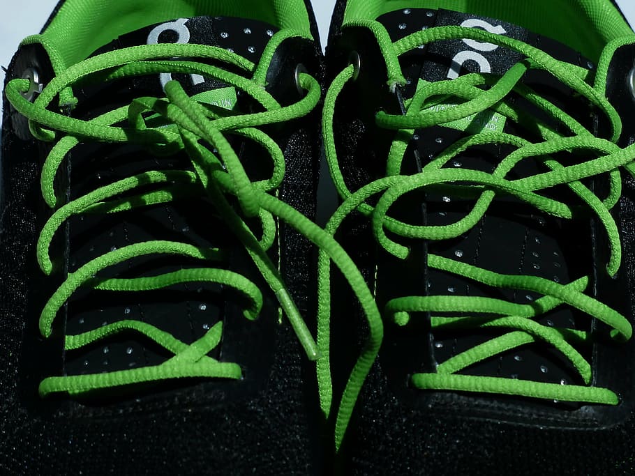 pair, black-and-grey sneakers, shoelaces, lacing, green, sports shoes, running shoes, sneakers, marathon shoes, shoes