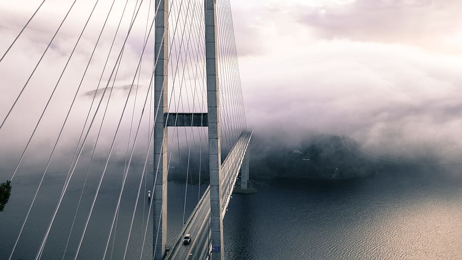橋車の霧, 橋, 車, 霧, 旅行, 吊り橋, 人工橋, 有名な場所, 鋼ケーブル, 空