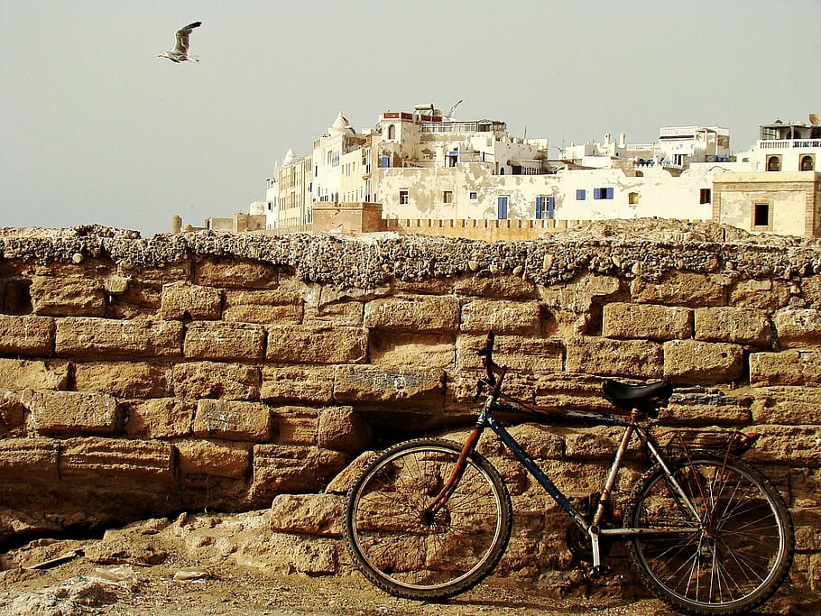 黒, 自転車, 横, レンガの壁, エッサウィラ, モロッコ, 北アフリカ, 大西洋, 漁港, ビーチ