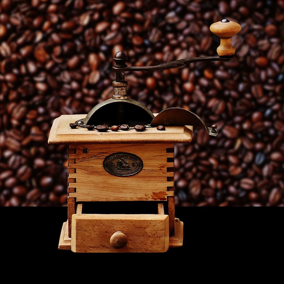 marrón, de madera, manual, molinillo de café, molinillo, café, granos de café, delicioso, disfrutar, beneficiarse de