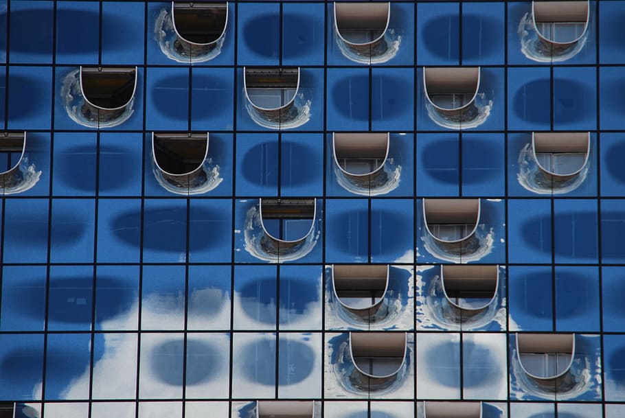 Janela, Hamburgo, Arquitetura, Moderna, vidro, salão filarmônico do elba, fachada de vidro, seguidas, moldura completa, azul
