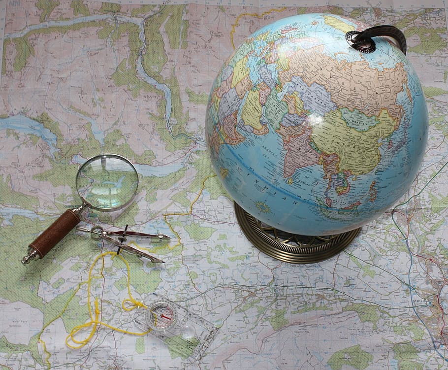 pembesar, cermin, di samping, globe meja, peta, perjalanan, kompas, kaca pembesar, orienteering, hiking