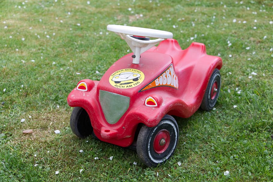 bobby car, children toys, mini car, auto, red, friction car, children vehicle, toy, grass, toy car
