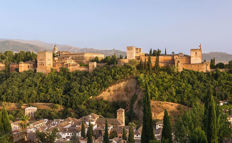 castle on mountain, Alhambra, Granada, Spain, Fortress, granada, spain, palace, building, famous, tourism