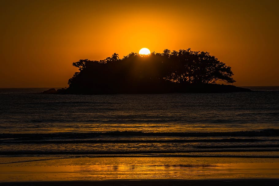 silhouette, orange, sea, water, ocean, sunset, nature, sky, sunrise, sun