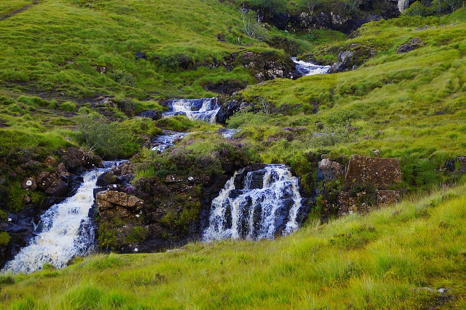 místico, feenpool, fadas, escócia, ilha de skye, natureza, paisagem, cachoeira, piscinas de fadas, curso de água