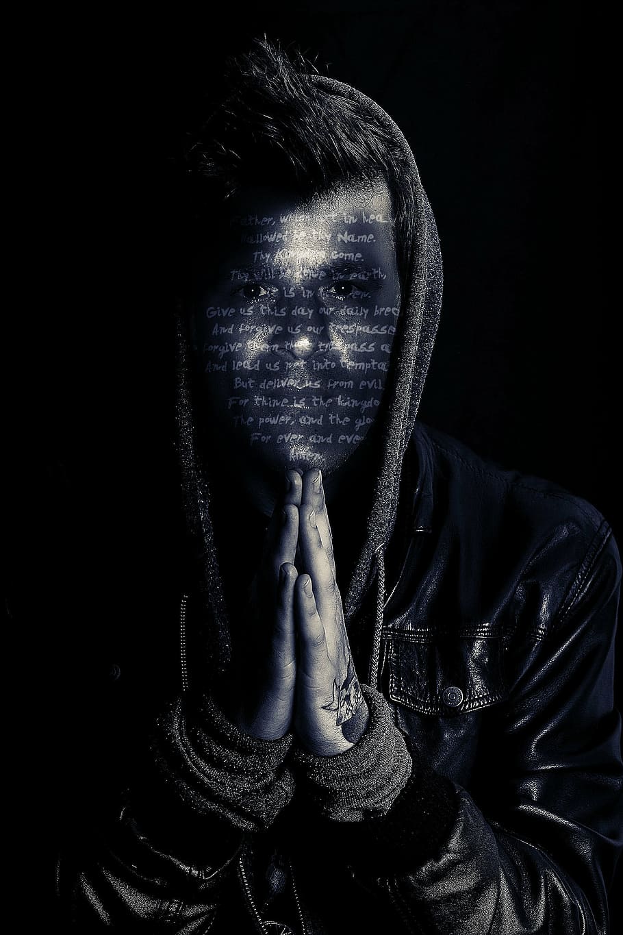 man, wearing, black, hooded jacket, text overlay, pray, prayer, spirituality, praying hands, hope