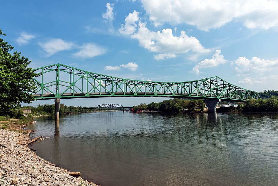 green, bridge, body, water, west virginia, point pleasant, river, reflections, sky, clouds