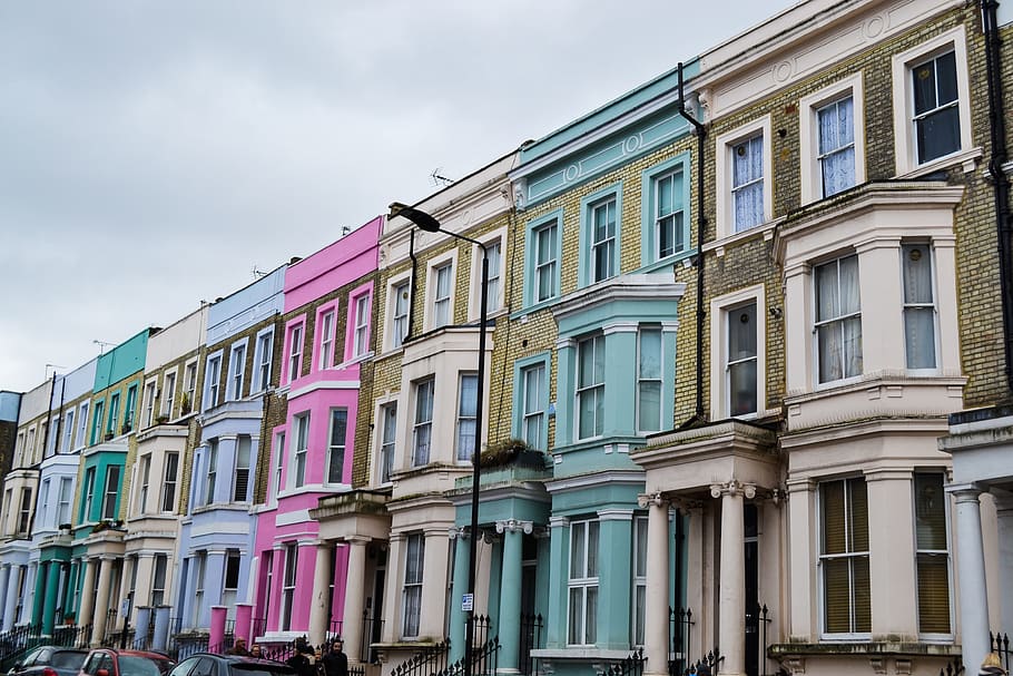 Notting Hill, Londres, Reino Unido, casa, urbano, vintage, antiguo, calle, perspectiva, escaparate