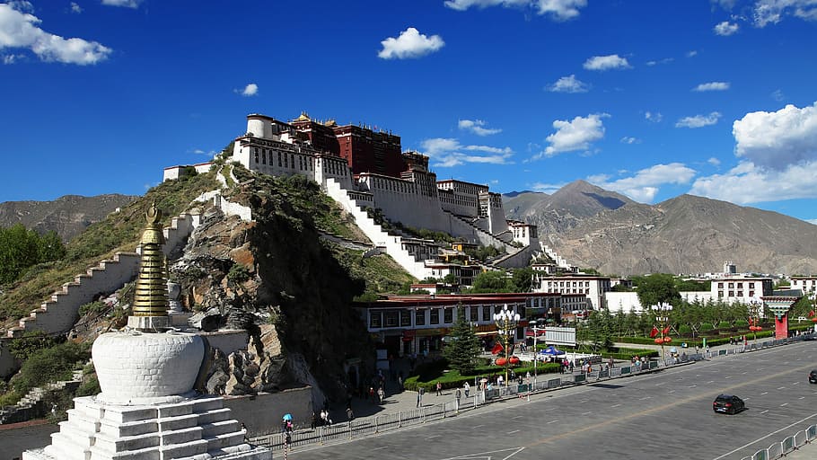 チベット, ラサ, ポタラ宮, 観光, 風景, 山, 道路, 屋外, 日, 空