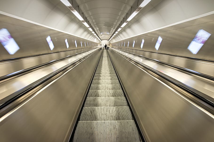 time lapse photography, escalator, perspective, tube, tunnel, moving walkway, transportation, convenience, direction, modern