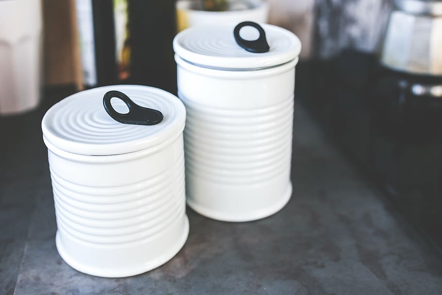 two, white, ceramic, canisters, macro photography, kitchen, kitchenware, accessories, accessory, jar