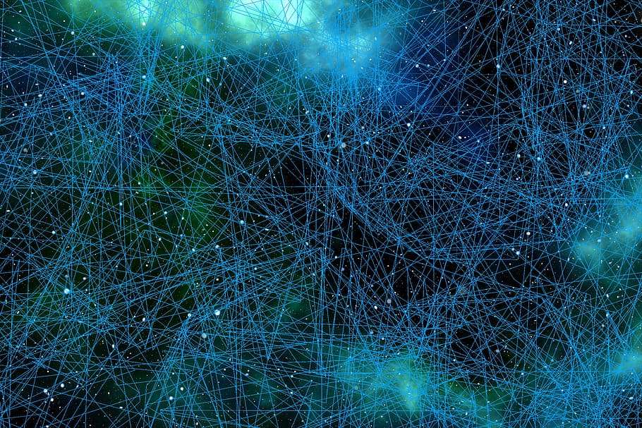 constelaciones azules, sistema, red, conexión, conectados entre sí, juntos, neuronas, células cerebrales, puntos, líneas