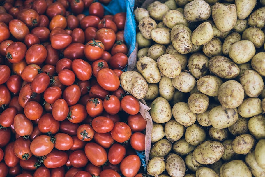 manojo, tomates, papas, mercado, alimentos, frutas, almidón, rojo, vegetales, fondos