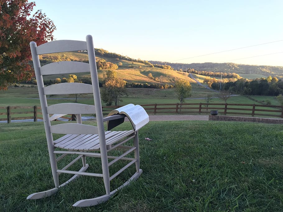 empty, white, wooden, rocking chair, open, book, green, grass field, Chair, Bible, Hill