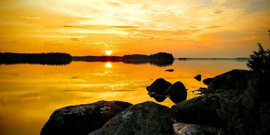 sky, fire, sunset, midnight, nature, lake, landscape, sun, finland, finnish