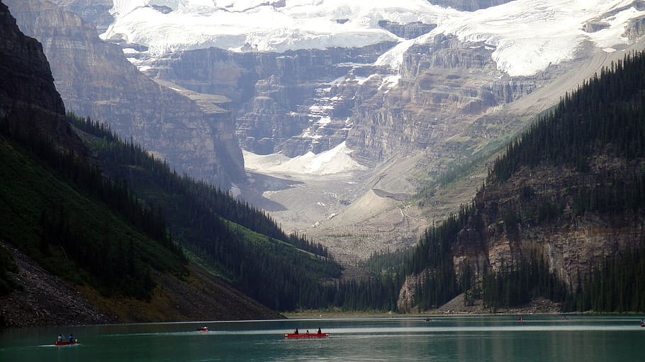 barco, agua, neve, tampado, montanhas, canadá, rio, vista, lago, natureza
