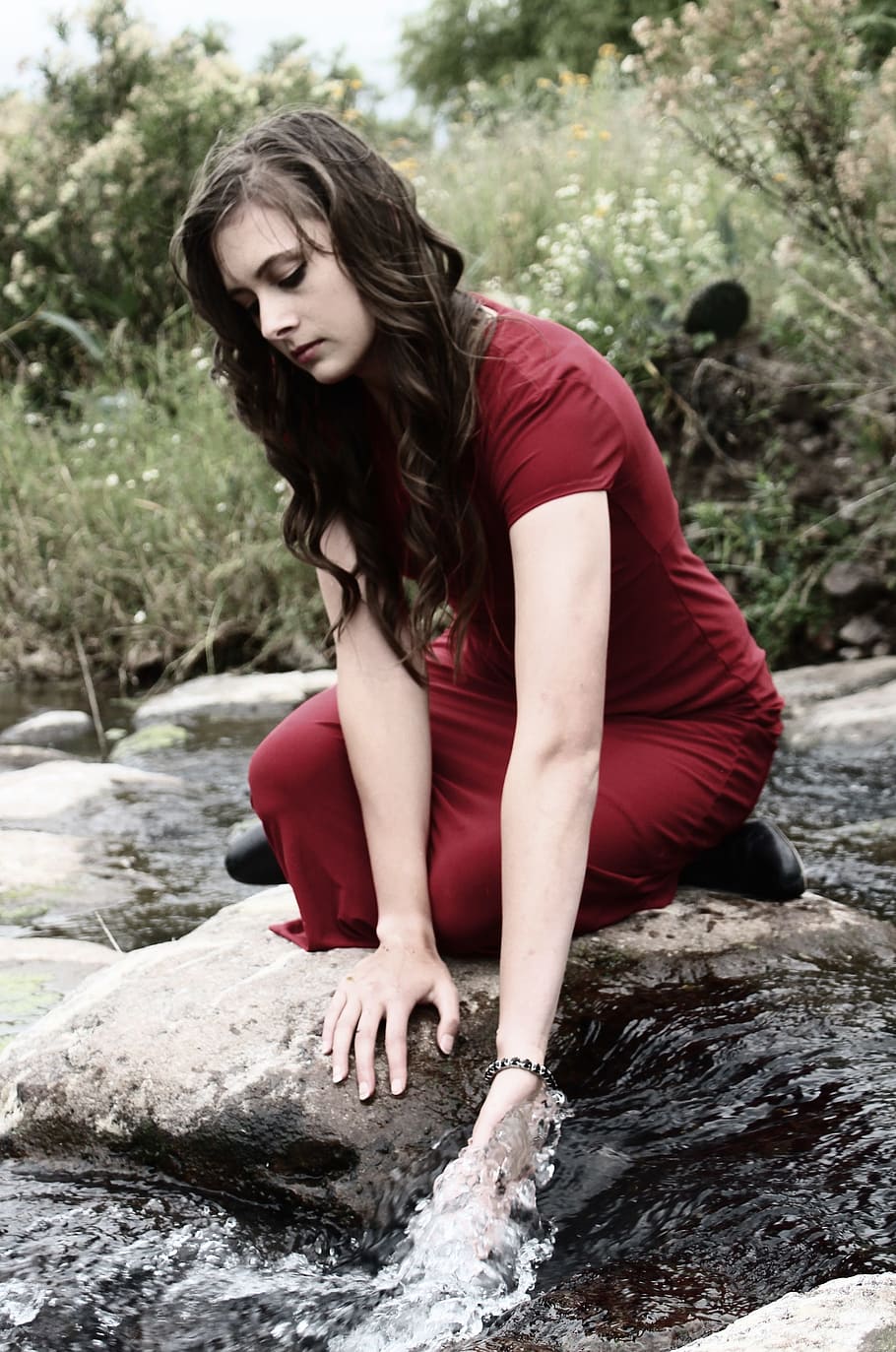 woman, wearing, red, maxi dress, river, wáter, girl, model, porait, hair