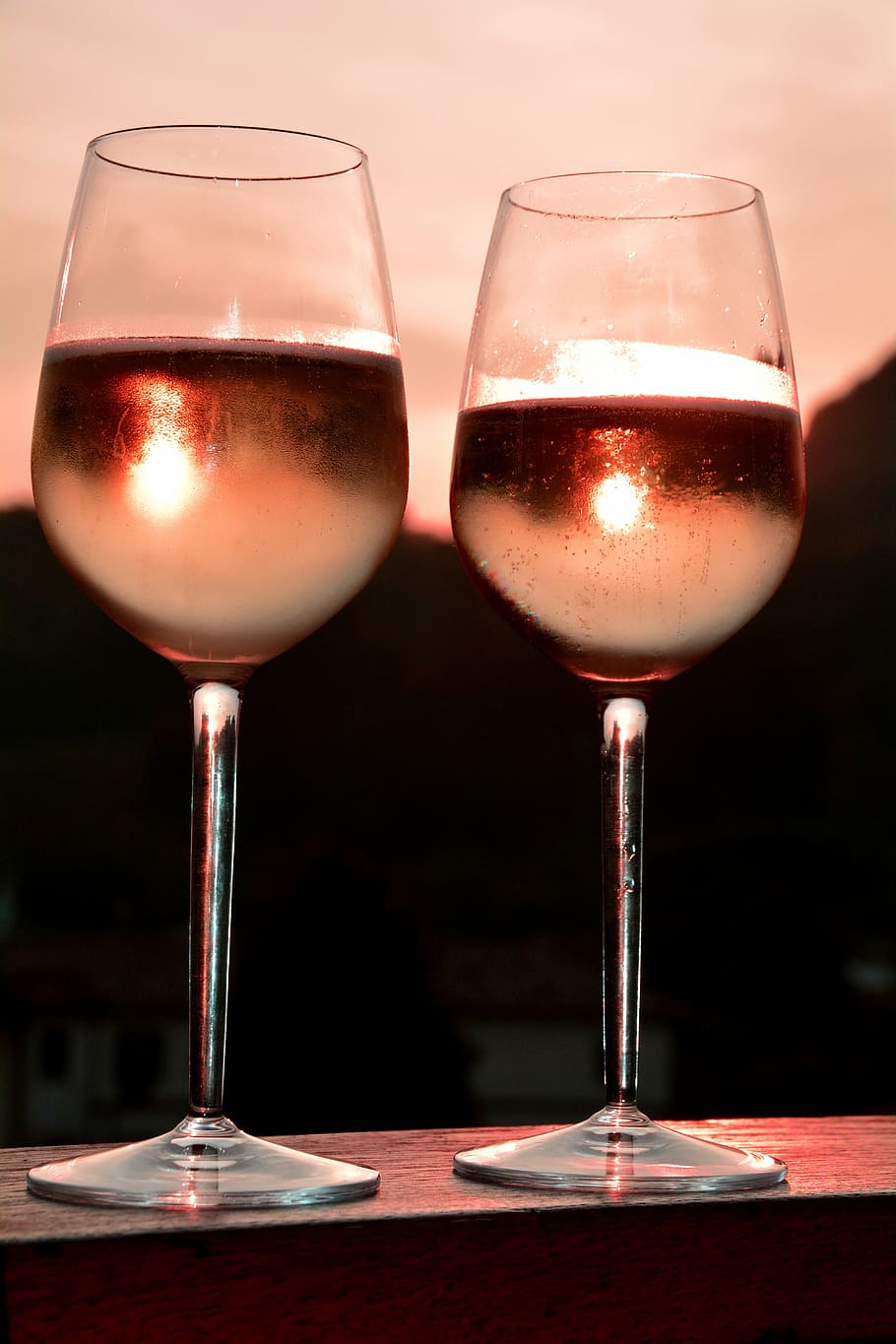 selective, focus photography, 2 long-stem wine glasses, liquids, golden, hour, cheers, salute, wine glasses, wine
