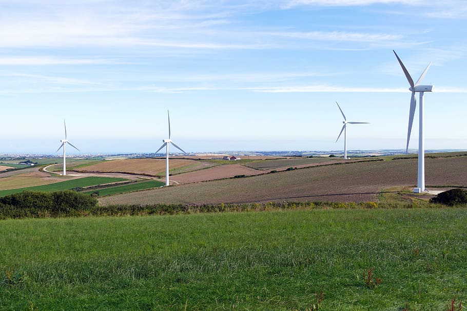 quatro, branco, moinhos de vento, meio, campo, vento, turbinas eólicas, energia, poder, turbina