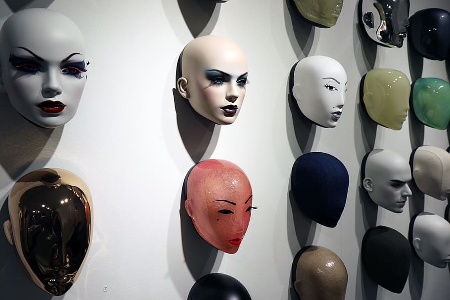 assorted, mannequin head bust lot, hans boodt, mannequin, faces, mask, dummy, head, female, woman