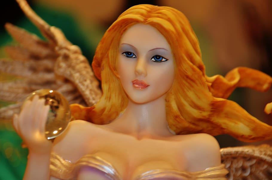 female, figurine, holding, crystal ball, angel, woman, girl, lady, pretty, wing