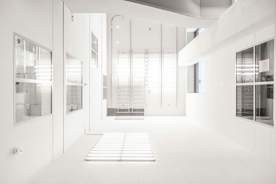 blanco, concreto, pared, ventana de vidrio, adentro, habitación, vidrio, ventana, arquitectura, moderna