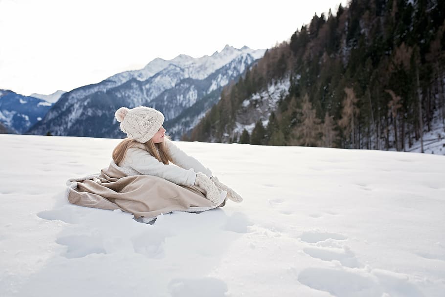 girl, wearing, winter coat, sitting, snow field, winter, person, human, nature, snow