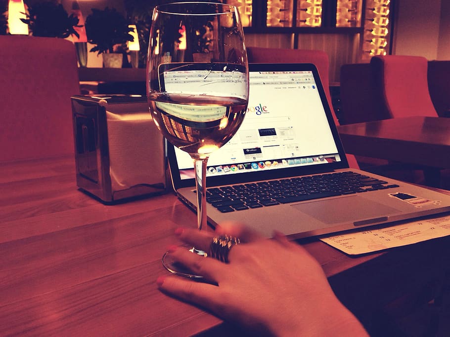 macbook, wine, google, laptop, computer, technology, working, business, table, drink