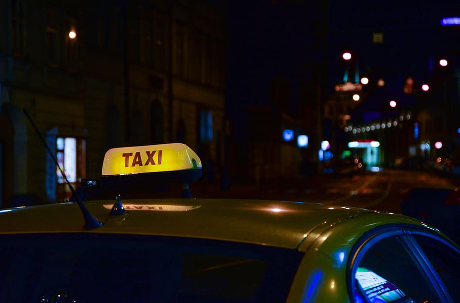 taxi, night, dark, car, travel, city, street, lights, prague, glow