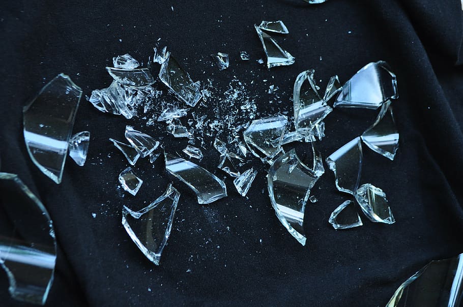 clear, glass bits, top, black, surface, broken glass, shattered, glass, broken, crack