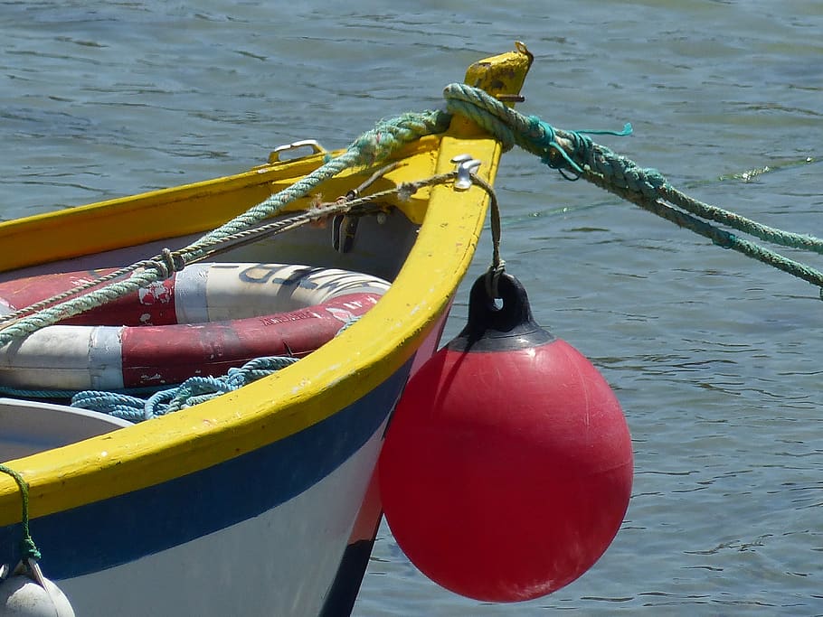 boat, buoy, mooring, rope, canoe, yellow, brittany, marin, water, nautical vessel
