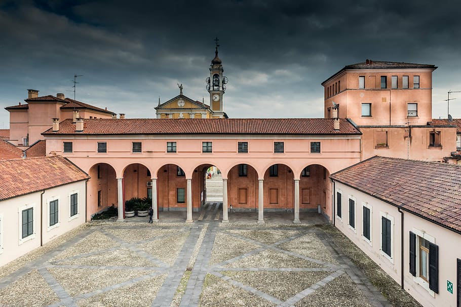 cavenago, roof, campanile, sky, arcade, city, roofs, church, monument, italy