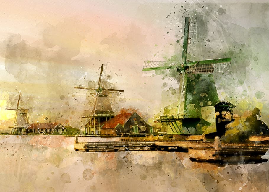green, windmill, dock painting, architecture, bridge, building, dawn, dusk, dutch, energy