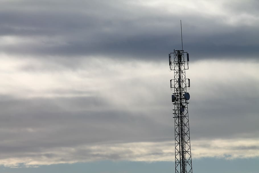 black, metal tower, daytime, antenna, telecommunication, telephony, data, network, voice, sky