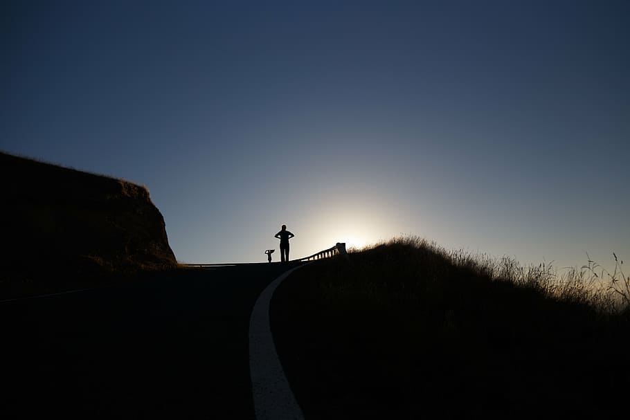 silhouette, person, standing, hill, clear, sky, nature, landscape, mountain, people