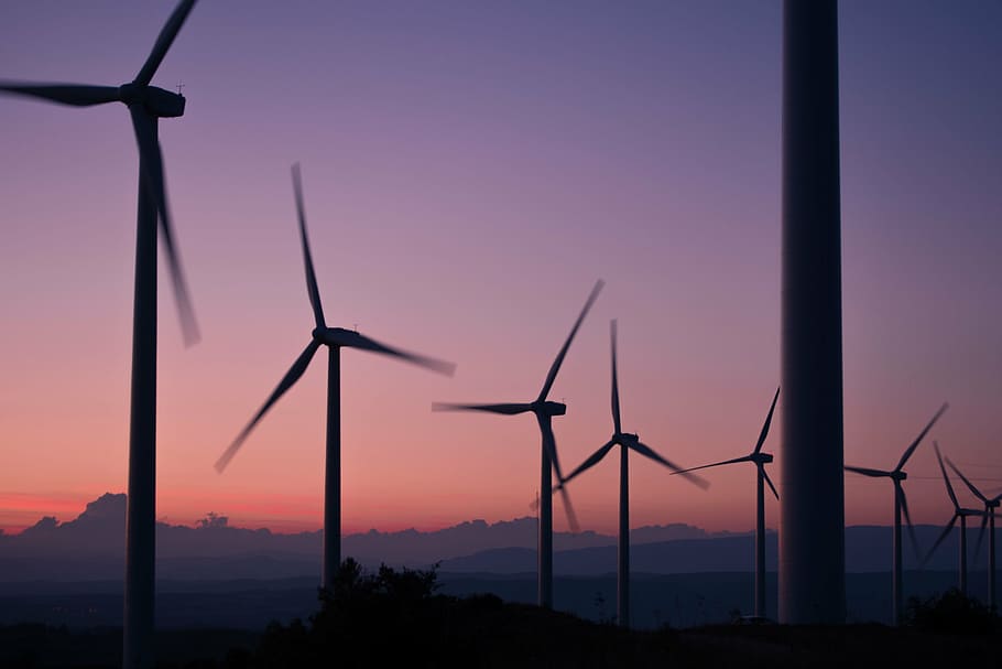silhouette, windmills, sunset, energy, alternative, wind, environment, power, green energy, electricity