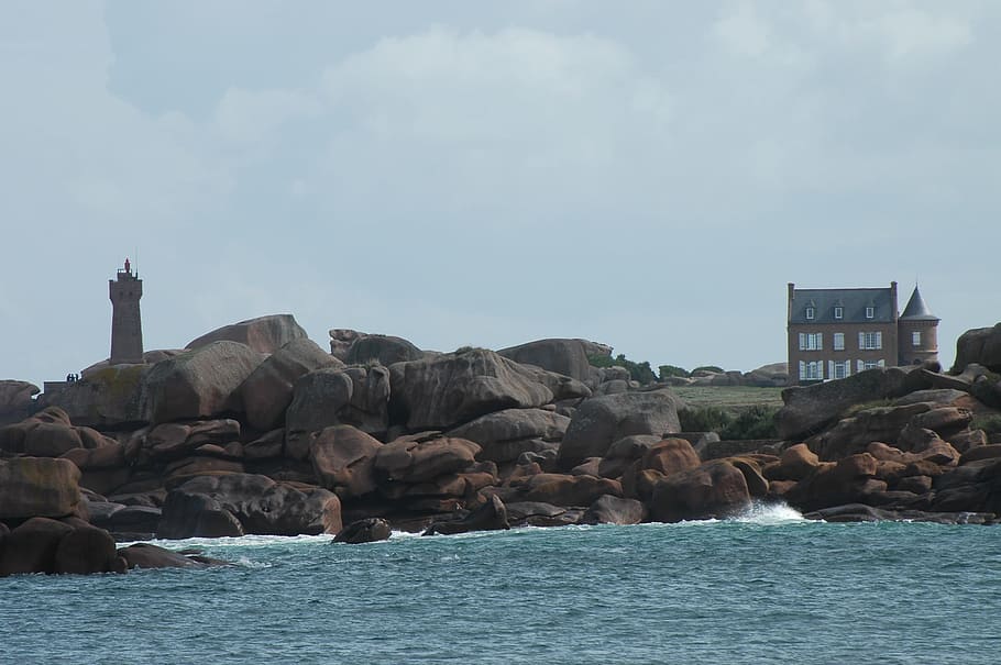 brittany, lighthouse, rocky coast, by the sea, france, rock, coast, sky, cliffs, wave
