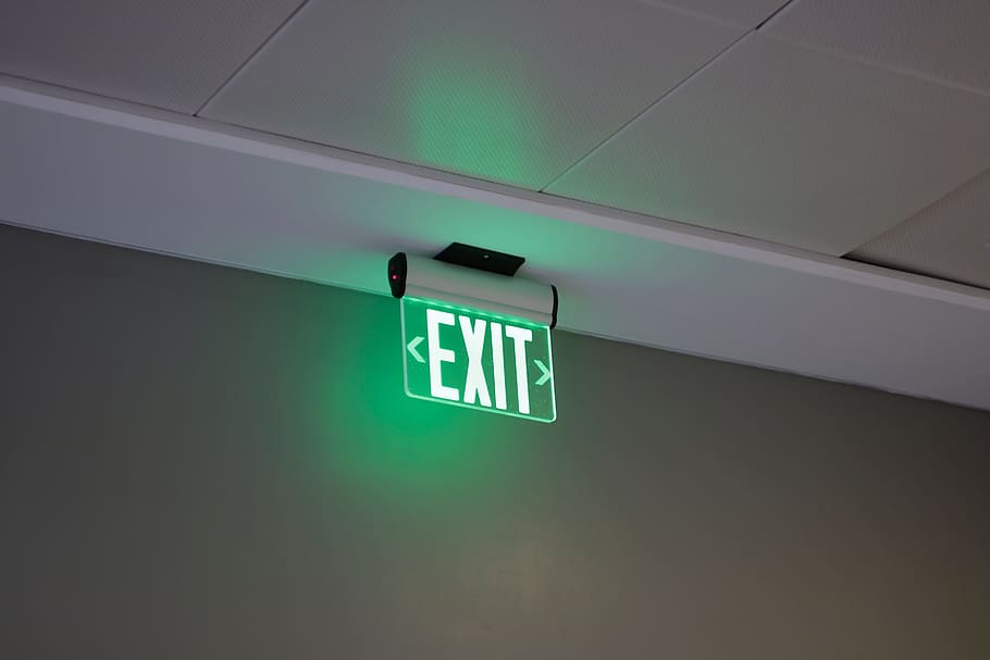 building, ceiling, signage, sign, light, communication, exit sign, illuminated, guidance, indoors