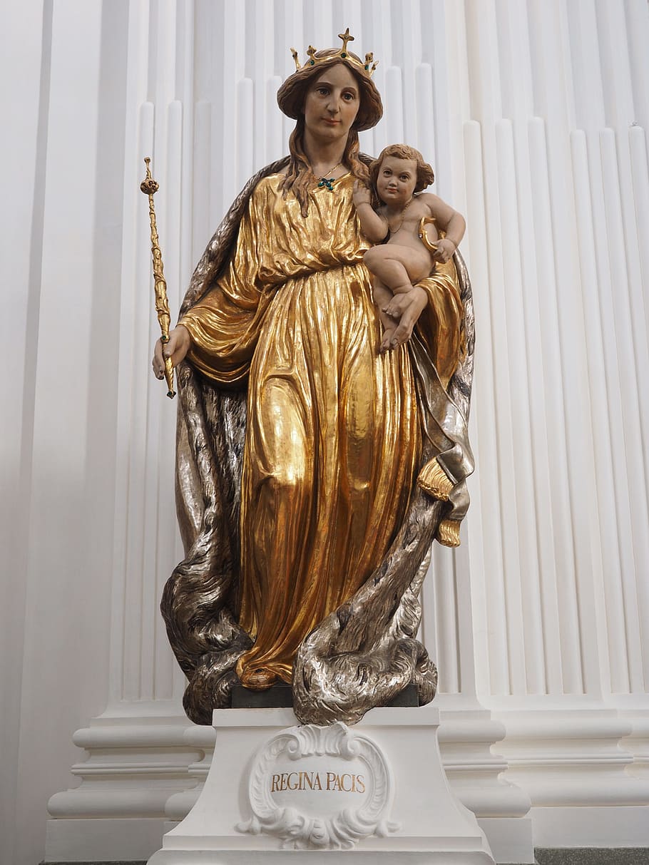 estatua, regina pacis, catedral de st ursen, maria, niño, figura, holzfigur, virgen maría, dorado, jesús