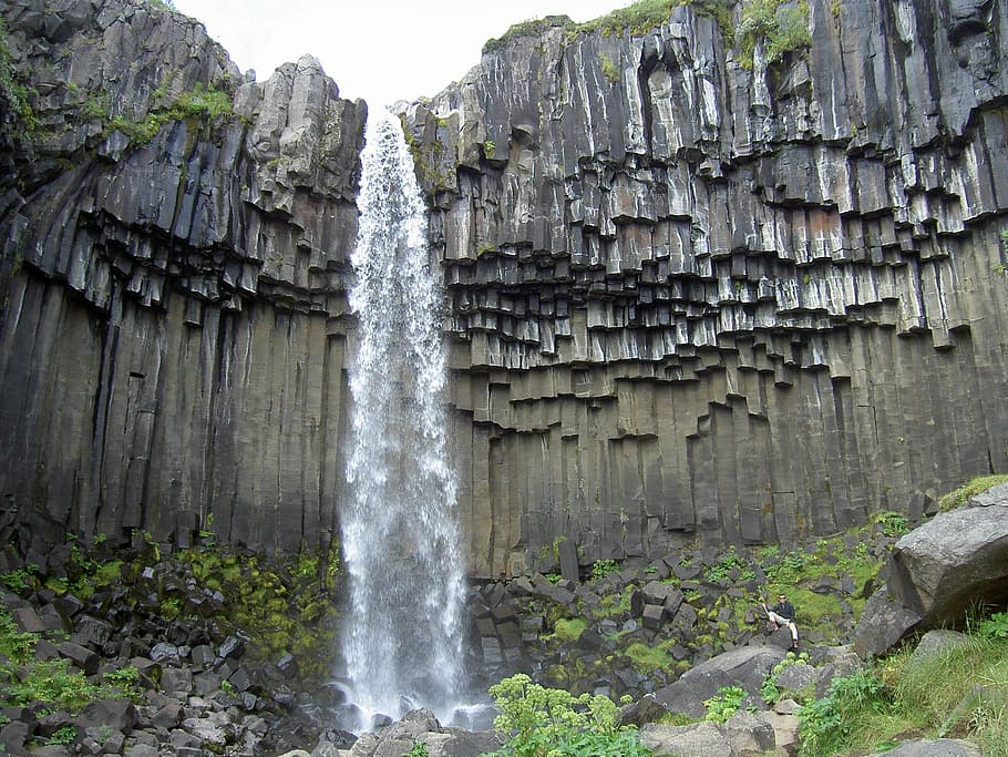 водопад, окруженный, скалы, свартифосс, базальт, исландия, формирование, рок, обрыв, камень