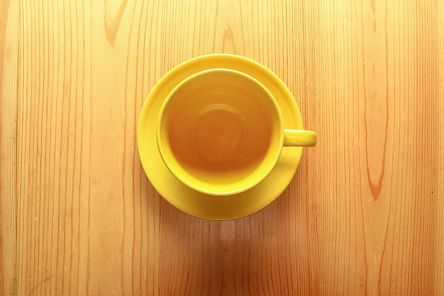 Cup, Glass, Color, Table, Wood, wooden table, yellow, cmjn, cmyk, food and drink