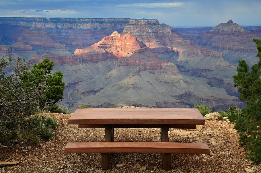 brown, black, picnic table, view, mountain, Grand Canyon, Landscape, Scenic, Rock, erosion