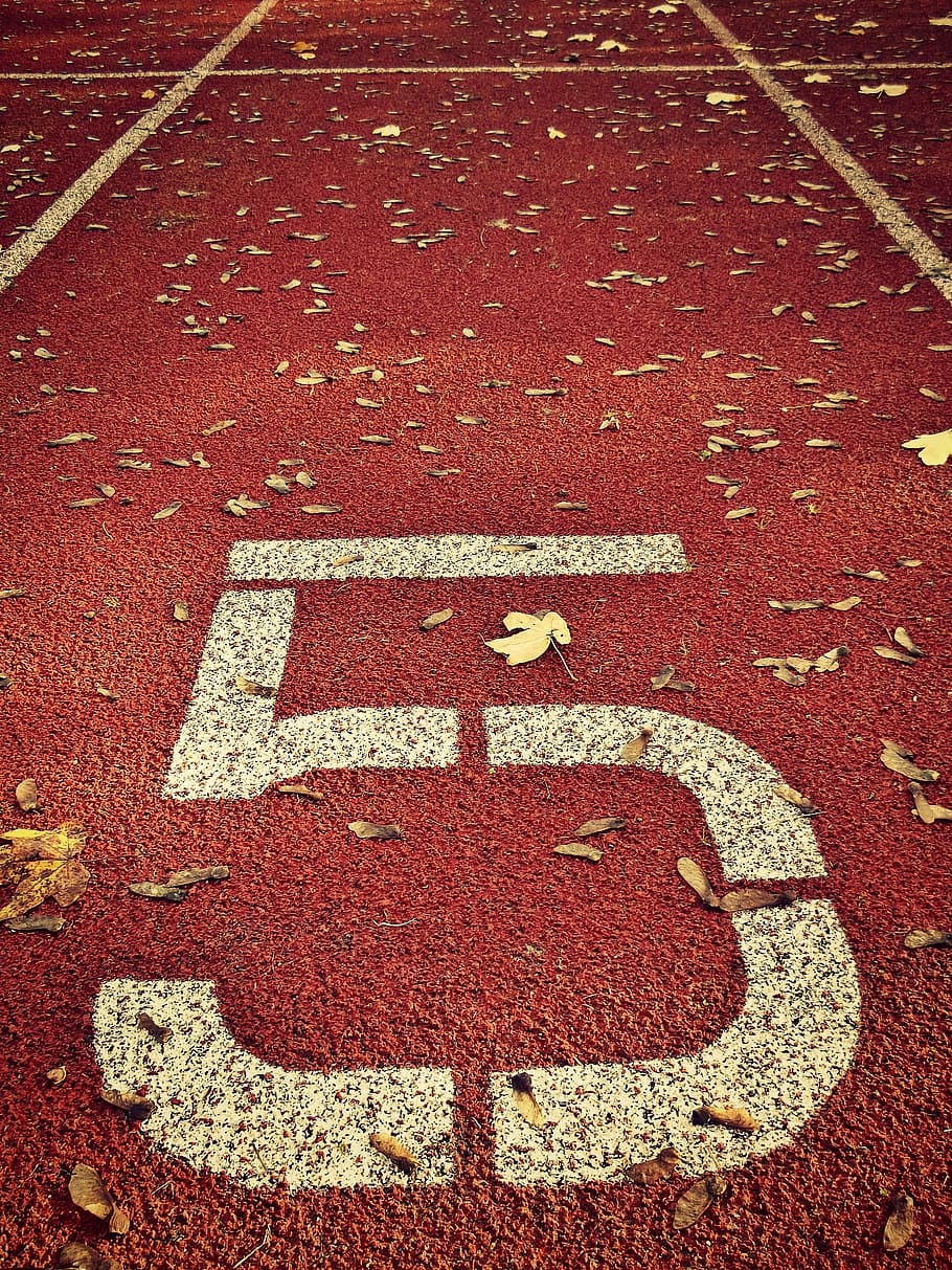 red, white, 5-printed, track field, sports ground, number, five, pay, digit, arrangement