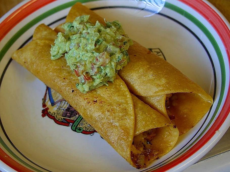 tortillas, guacamole, flautas, drink, food, food and drink, ready-to-eat, freshness, plate, mexican food