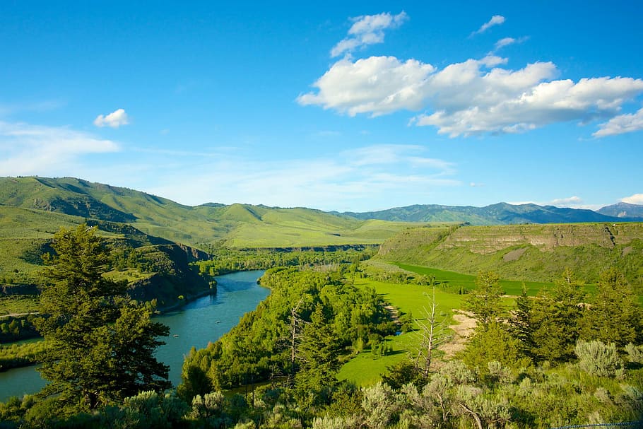 hijau, berhutan, lembah sungai, Lanskap, Idaho, foto, lembah sungai berhutan hijau, megah, domain publik, pemandangan