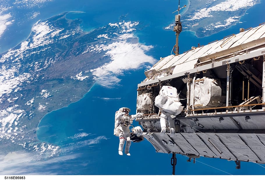 astronaut, space, earth, spacewalk, space shuttle, tools, suit, pack, tether, floating