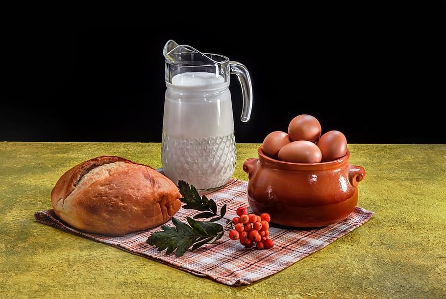 bread, milk, healthy food, chicken eggs, rowan, napkin, round bread, food, ceramic pot, glass jug