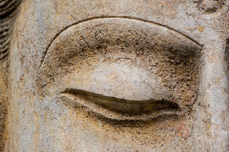 closeup, gautama buddha statuette eye, eye, art, asia, buddha, sculpture, figure, deity, statue